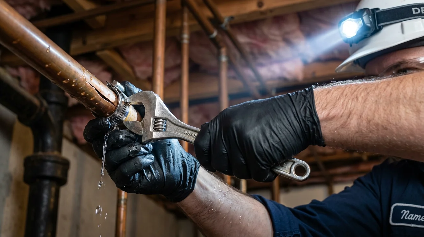 Emergency pipe clamp repair being performed by a Johns Plumbing LLC plumber in Colonial Beach