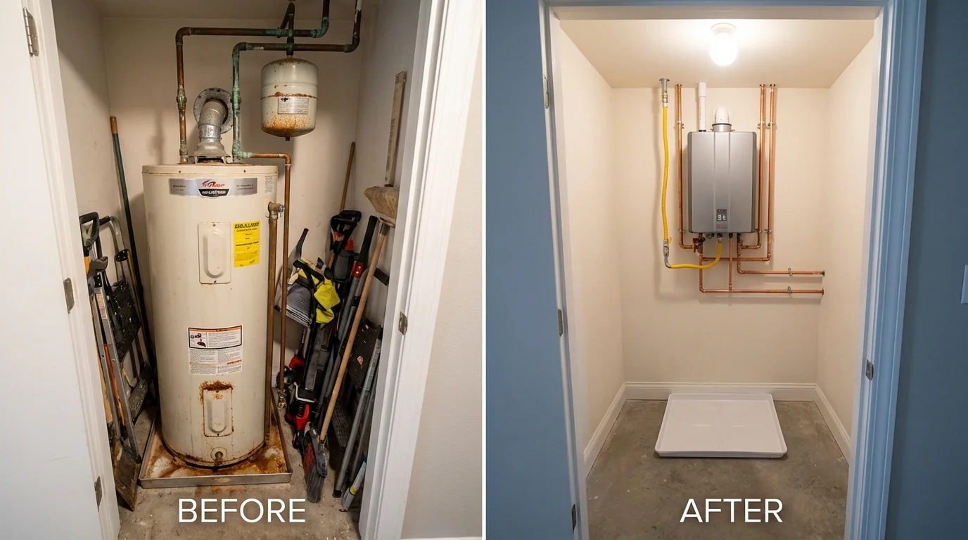 Tank water heater versus wall-mounted tankless unit comparison for Colonial Beach, VA homeowners