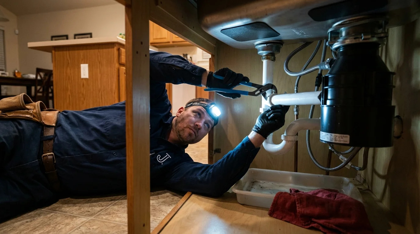 P-trap and supply line connections under a kitchen sink showing a common leak point in Colonial Beach, VA